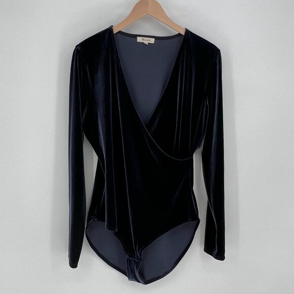 Madewell Womens Velvet Long Sleeve Faux Wrap Bodysuit Size XL Dark Blue Stretch - Picture 1 of 11